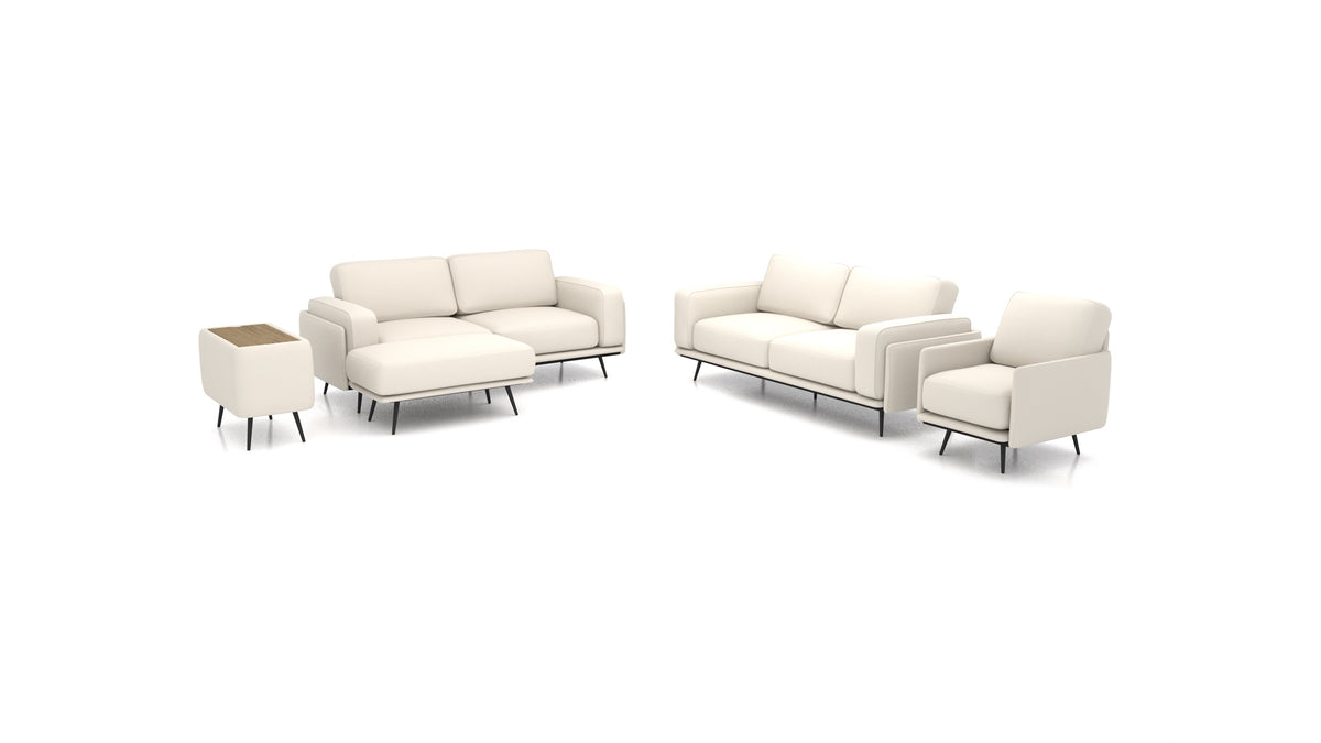 OIKO L+, modulares Sofa von FEYDOM im Stoff Heim HM-03 White, dunkles Holz