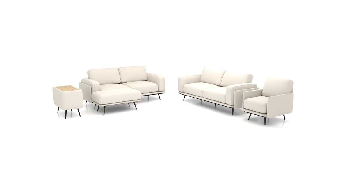OIKO L+, modulares Sofa von FEYDOM im Stoff Heim HM-03 White, helles Holz