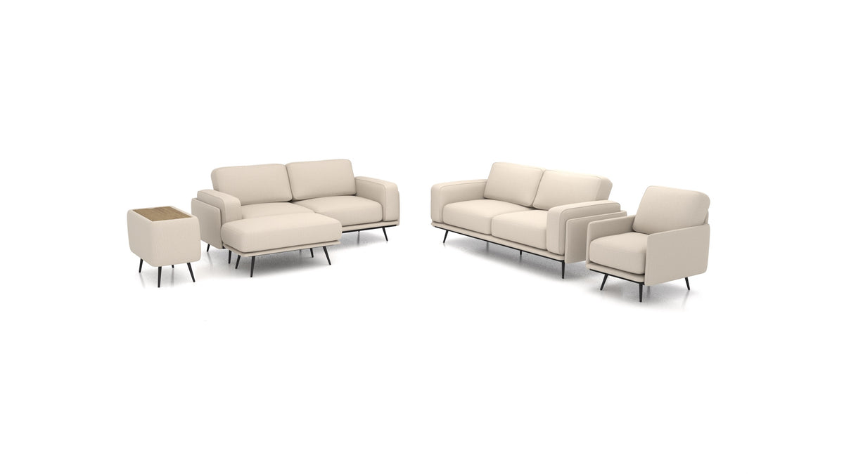 OIKO L+, modulares Sofa von FEYDOM im Stoff Heim HM-06 Natur, dunkles Holz