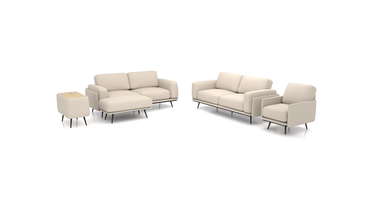 OIKO L+, modulares Sofa von FEYDOM im Stoff Heim HM-06 Natur, helles Holz
