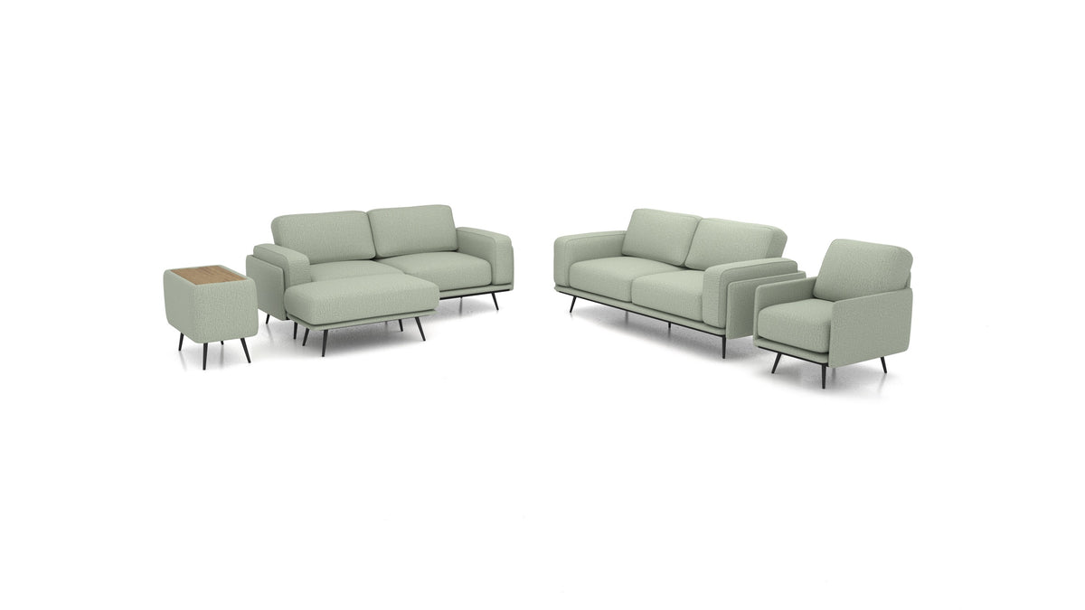 OIKO L+, modulares Sofa von FEYDOM im Stoff Heim HM-34 Jade, dunkles Holz