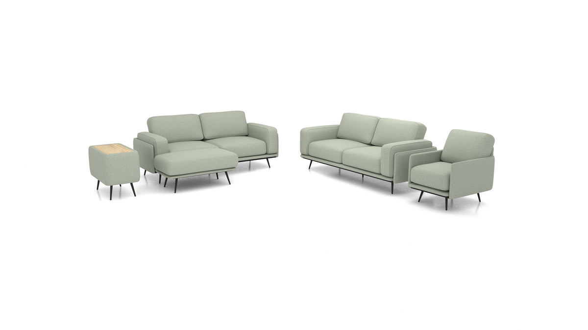 OIKO L+, modulares Sofa von FEYDOM im Stoff Heim HM-34 Jade, helles Holz