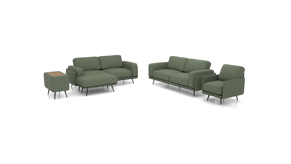 OIKO L+, modulares Sofa von FEYDOM im Stoff Heim HM-39 Forest, dunkles Holz