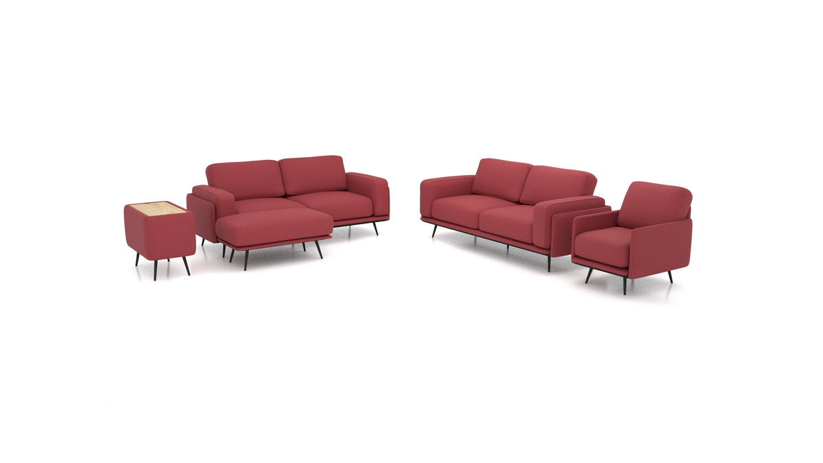 OIKO L+, modulares Sofa von FEYDOM im Stoff Heim HM-58 Cherry, helles Holz