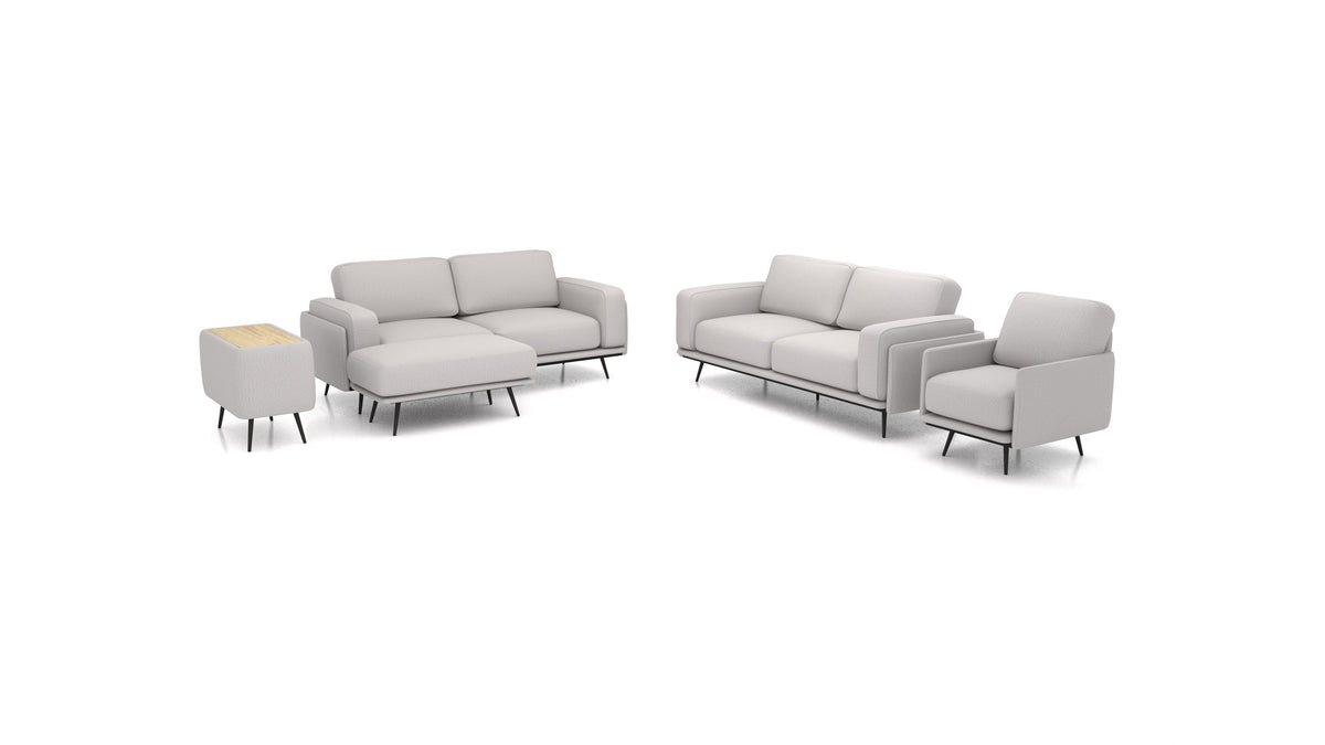 OIKO L+, modulares Sofa von FEYDOM im Stoff Heim HM-86 Light Grey, helles Holz