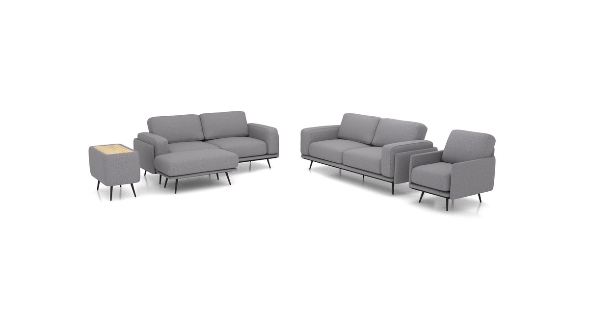 OIKO L+, modulares Sofa von FEYDOM im Stoff Heim HM-95 Medium Grey, helles Holz