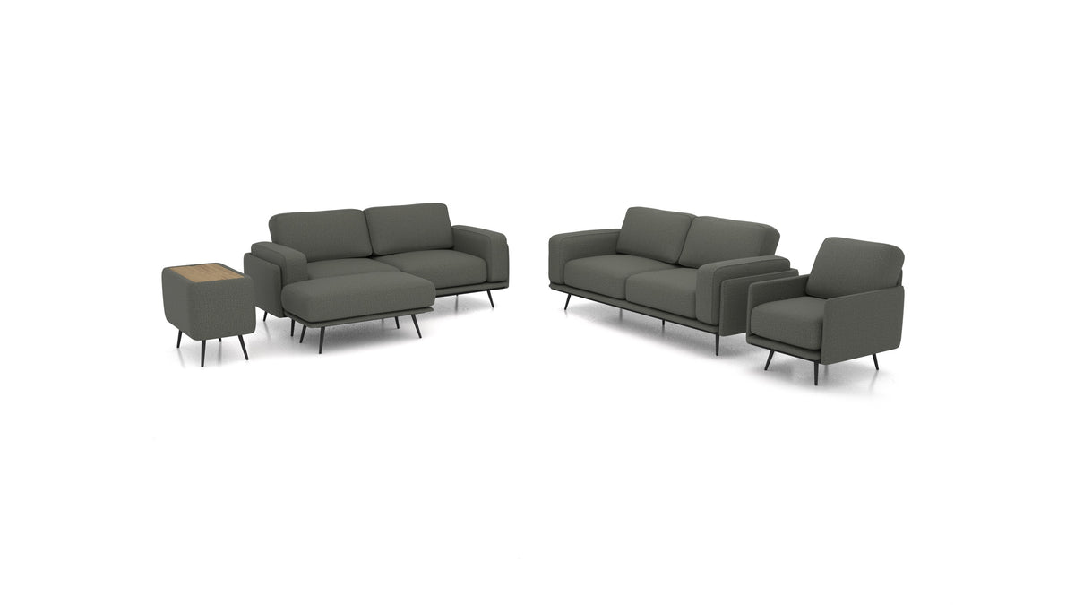 OIKO L+, modulares Sofa von FEYDOM im Stoff Heim HM-98 Dark Grey, dunkles Holz