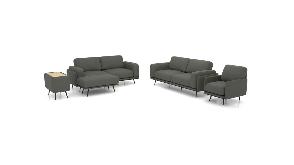 OIKO L+, modulares Sofa von FEYDOM im Stoff Heim HM-98 Dark Grey, helles Holz