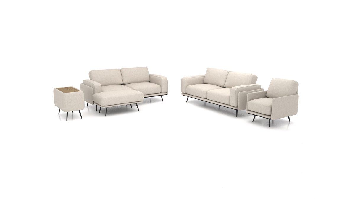 OIKO L+, modulares Sofa von FEYDOM im Stoff Icon IC-02 Natur, dunkles Holz