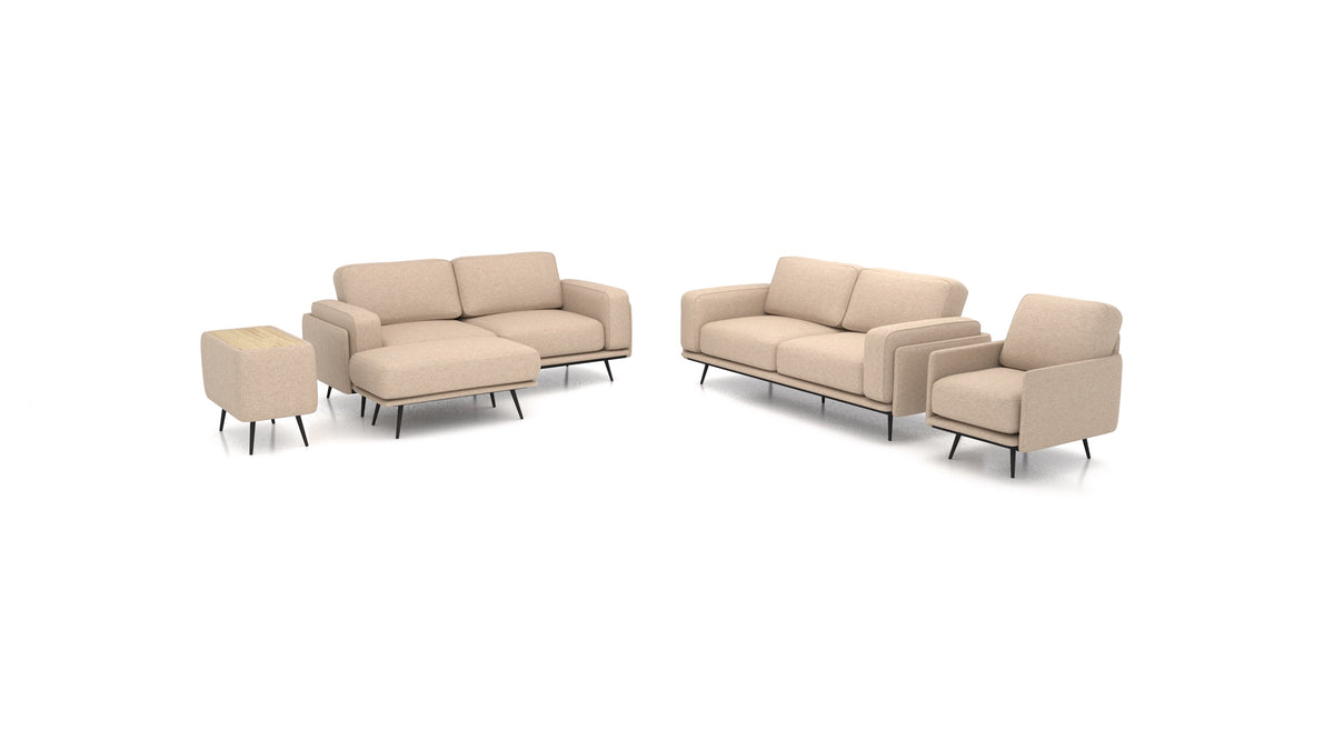 OIKO L+, modulares Sofa von FEYDOM im Stoff Icon IC-06 Cappuccino, helles Holz