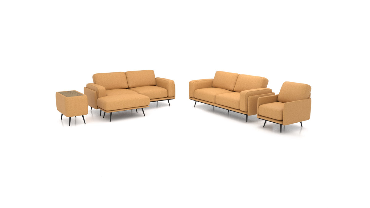 OIKO L+, modulares Sofa von FEYDOM im Stoff Icon IC-45 Antic Gold, dunkles Holz