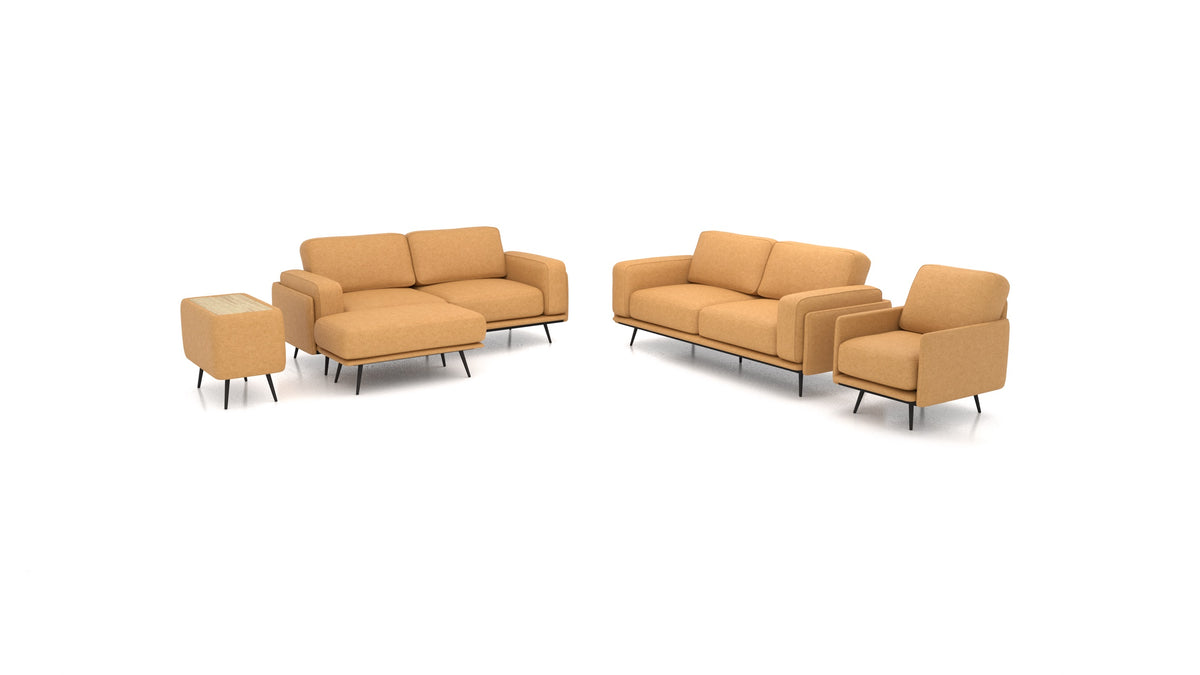 OIKO L+, modulares Sofa von FEYDOM im Stoff Icon IC-45 Antic Gold, helles Holz