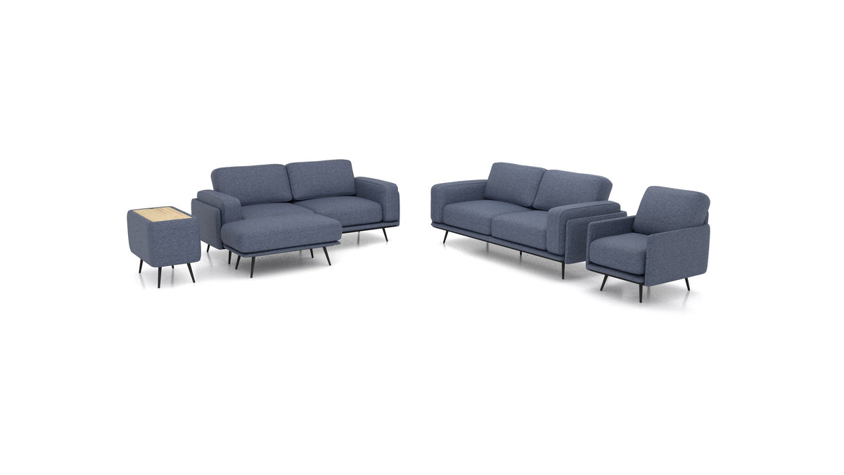 OIKO L+, modulares Sofa von FEYDOM im Stoff Icon IC-79 Deep Blue, helles Holz