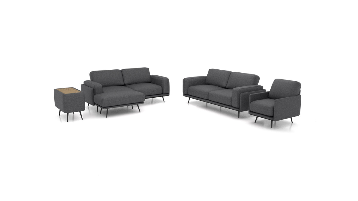 OIKO L+, modulares Sofa von FEYDOM im Stoff Icon IC-99 Umbra, dunkles Holz
