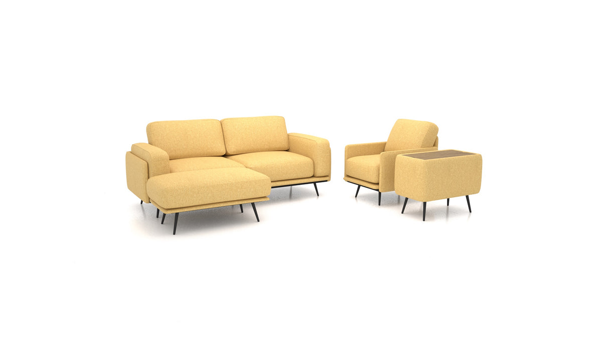 OIKO M+, modulares Sofa von FEYDOM im Stoff Alure DE-48 Yellow, dunkles Holz