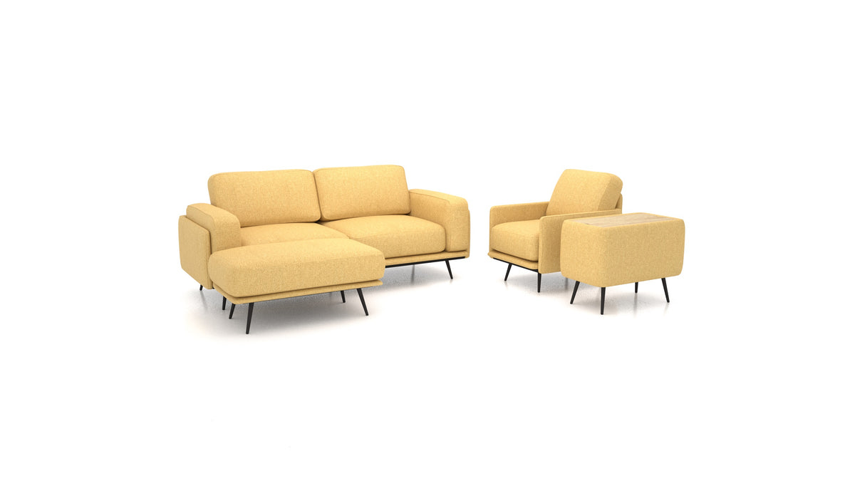 OIKO M+, modulares Sofa von FEYDOM im Stoff Alure DE-48 Yellow, helles Holz