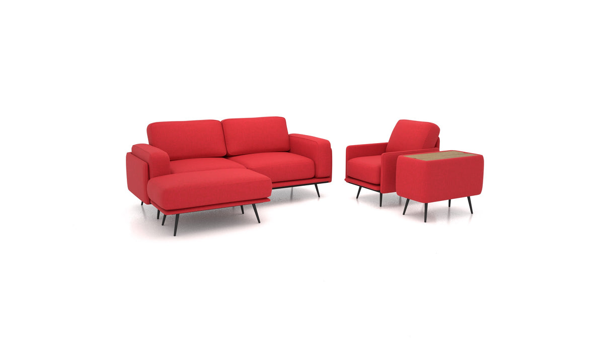 OIKO M+, modulares Sofa von FEYDOM im Stoff Velare ET-11 Red, dunkles Holz