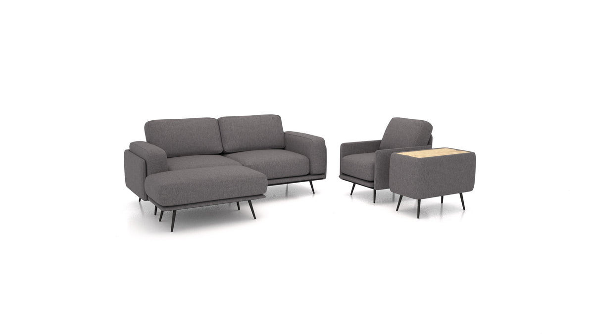 OIKO M+, modulares Sofa von FEYDOM im Stoff Velare ET-12 Dark Grey, helles Holz