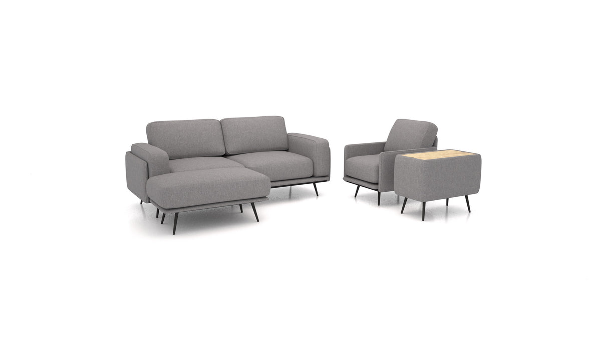 OIKO M+, modulares Sofa von FEYDOM im Stoff Velare ET-14 Middle Grey, helles Holz