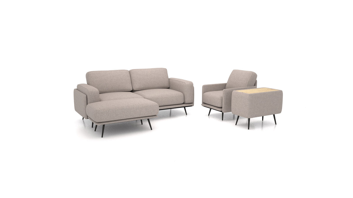OIKO M+, modulares Sofa von FEYDOM im Stoff Velare ET-15 Light Grey, helles Holz