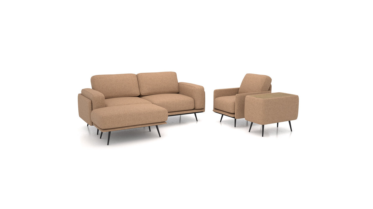 OIKO M+, modulares Sofa von FEYDOM im Stoff Velare ET-24 Cappuccino, dunkles Holz