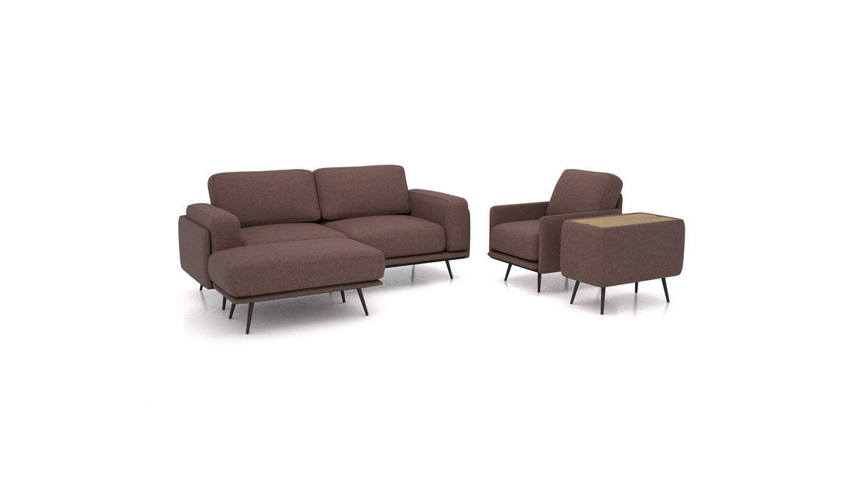 OIKO M+, modulares Sofa von FEYDOM im Stoff Velare ET-27 Chocolate, dunkles Holz