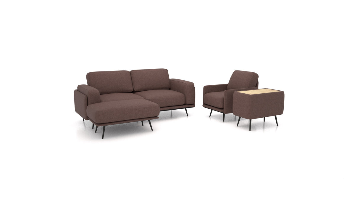 OIKO M+, modulares Sofa von FEYDOM im Stoff Velare ET-27 Chocolate, helles Holz