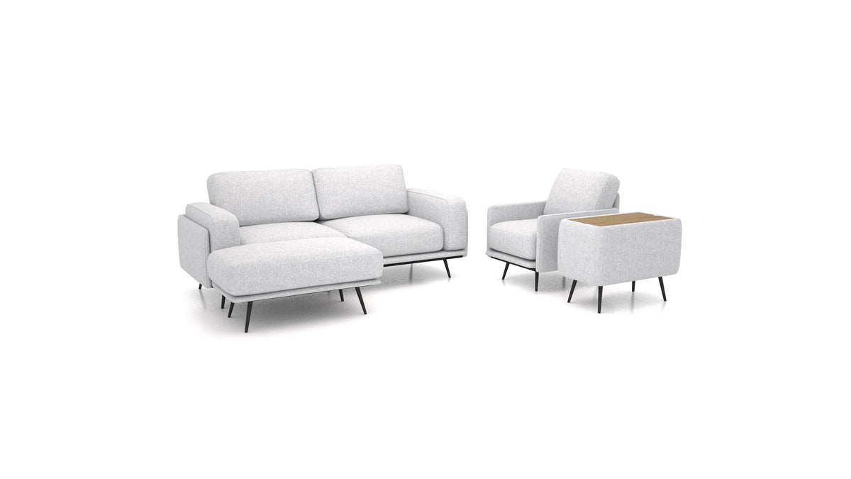 OIKO M+, modulares Sofa von FEYDOM im Stoff Velare ET-90 Light Aquamarine, dunkles Holz