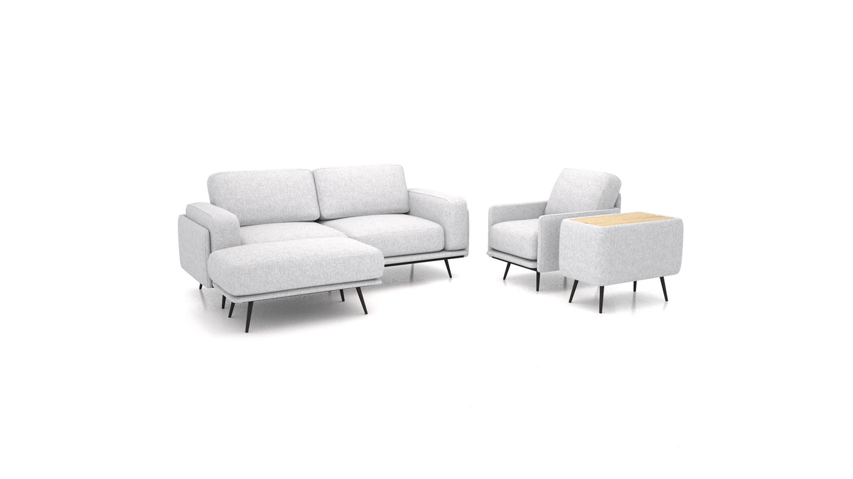 OIKO M+, modulares Sofa von FEYDOM im Stoff Velare ET-90 Light Aquamarine, helles Holz