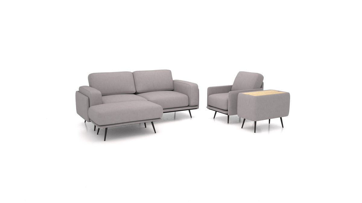 OIKO M+, modulares Sofa von FEYDOM im Stoff Mollia FF-14 Middle Grey, helles Holz