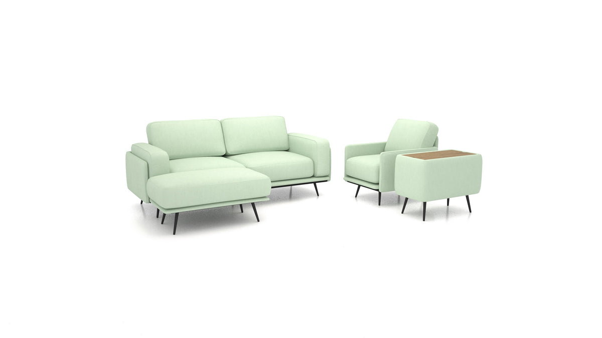 OIKO M+, modulares Sofa von FEYDOM im Stoff Mollia FF-18 Mint, dunkles Holz