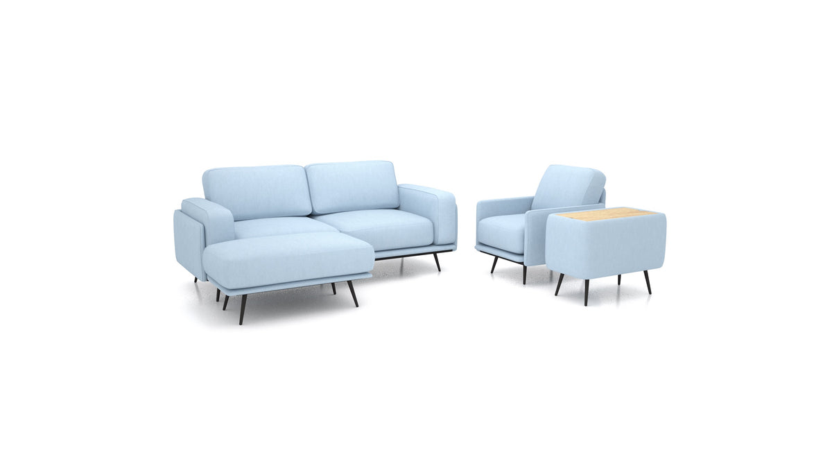 OIKO M+, modulares Sofa von FEYDOM im Stoff Mollia FF-19 Pastel Blue, helles Holz