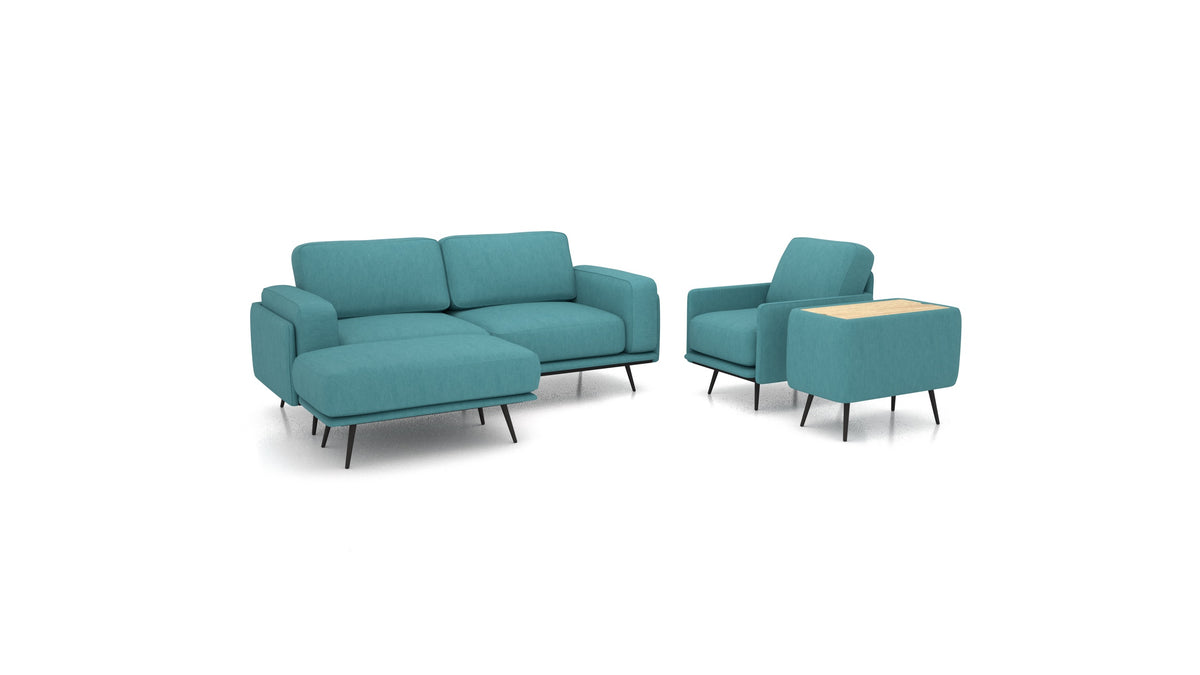 OIKO M+, modulares Sofa von FEYDOM im Stoff Mollia FF-20 Turquoise, helles Holz