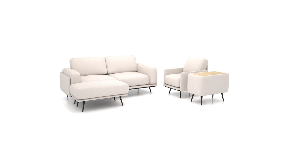 OIKO M+, modulares Sofa von FEYDOM im Stoff Mollia HC-04 White, helles Holz