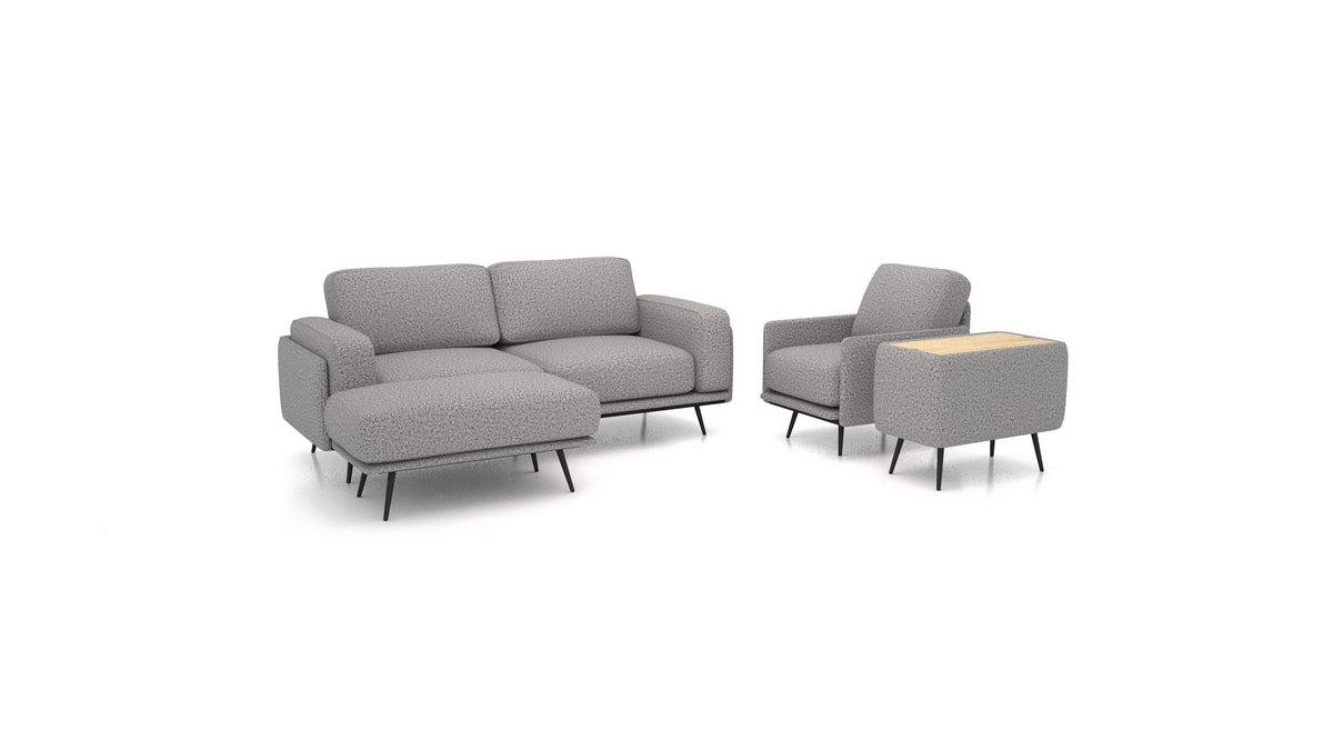 OIKO M+, modulares Sofa von FEYDOM im Stoff Hygge HG-92 Medium Grey, helles Holz
