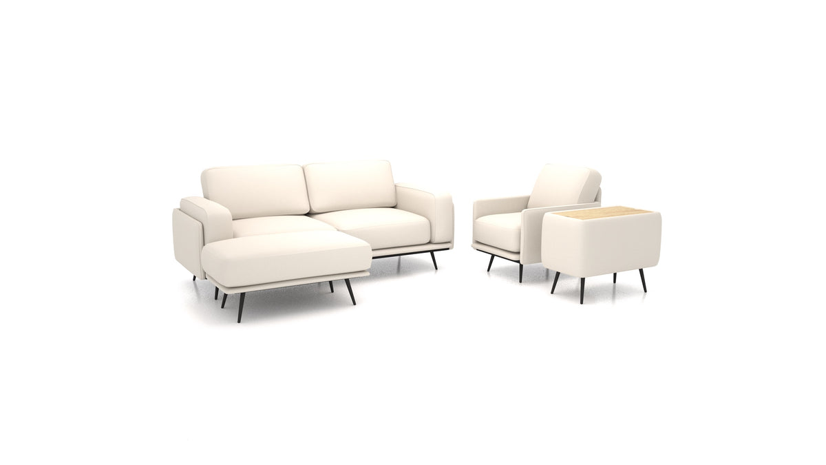OIKO M+, modulares Sofa von FEYDOM im Stoff Heim HM-03 White, helles Holz