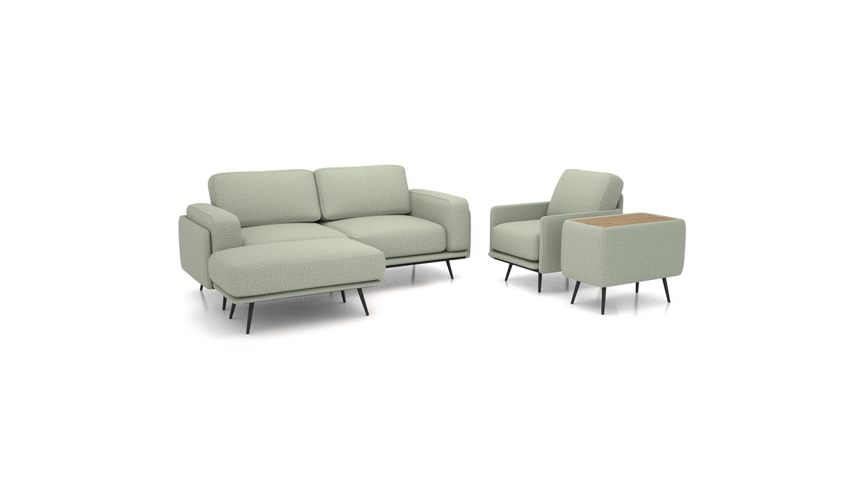 OIKO M+, modulares Sofa von FEYDOM im Stoff Heim HM-34 Jade, dunkles Holz