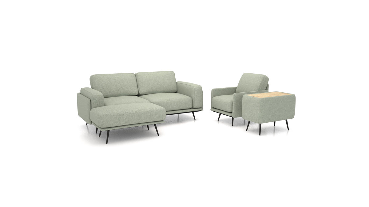 OIKO M+, modulares Sofa von FEYDOM im Stoff Heim HM-34 Jade, helles Holz