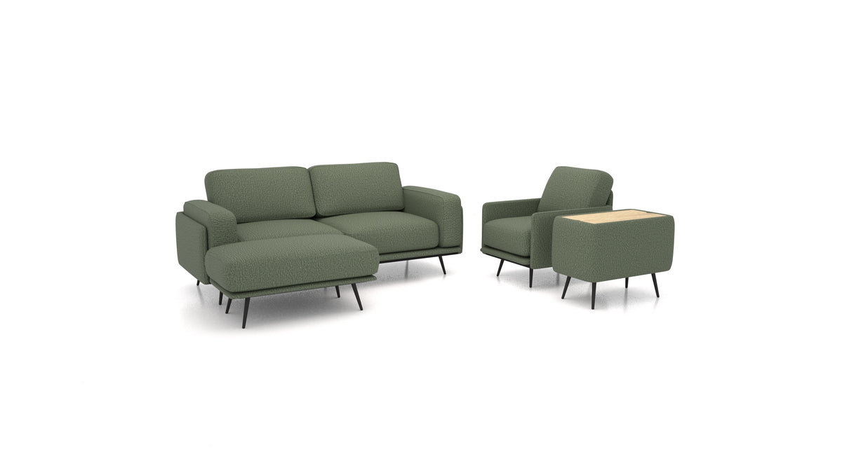 OIKO M+, modulares Sofa von FEYDOM im Stoff Heim HM-39 Forest, helles Holz
