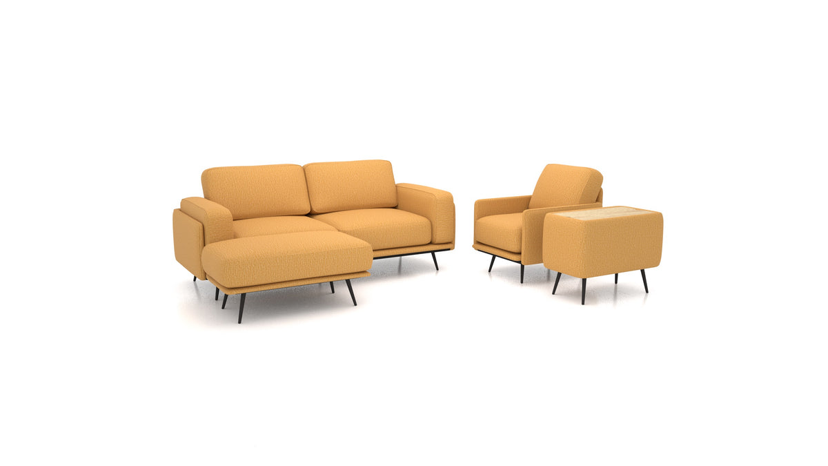 OIKO M+, modulares Sofa von FEYDOM im Stoff Heim HM-53 Antique Gold, helles Holz