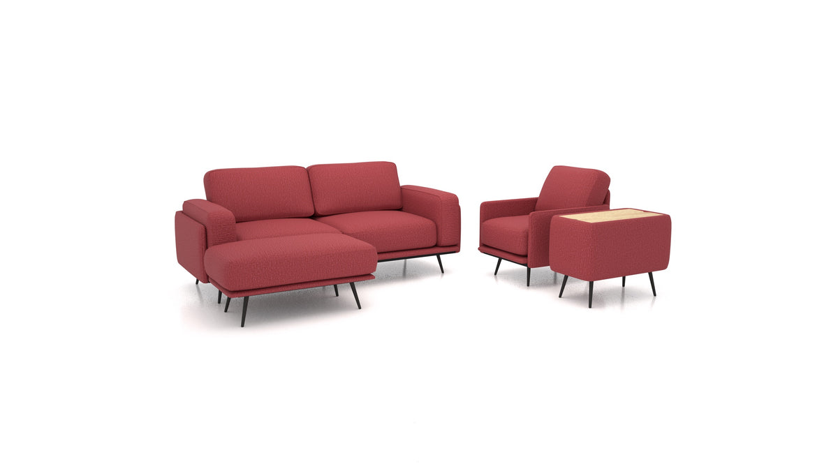 OIKO M+, modulares Sofa von FEYDOM im Stoff Heim HM-58 Cherry, helles Holz