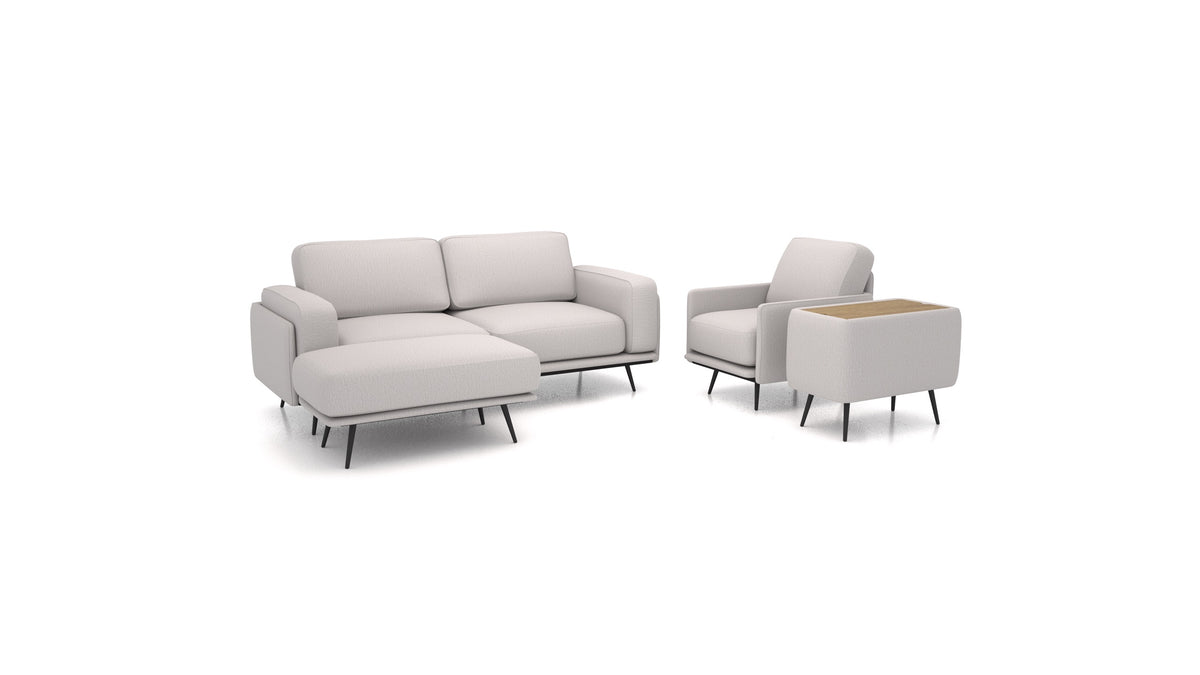 OIKO M+, modulares Sofa von FEYDOM im Stoff Heim HM-86 Light Grey, dunkles Holz