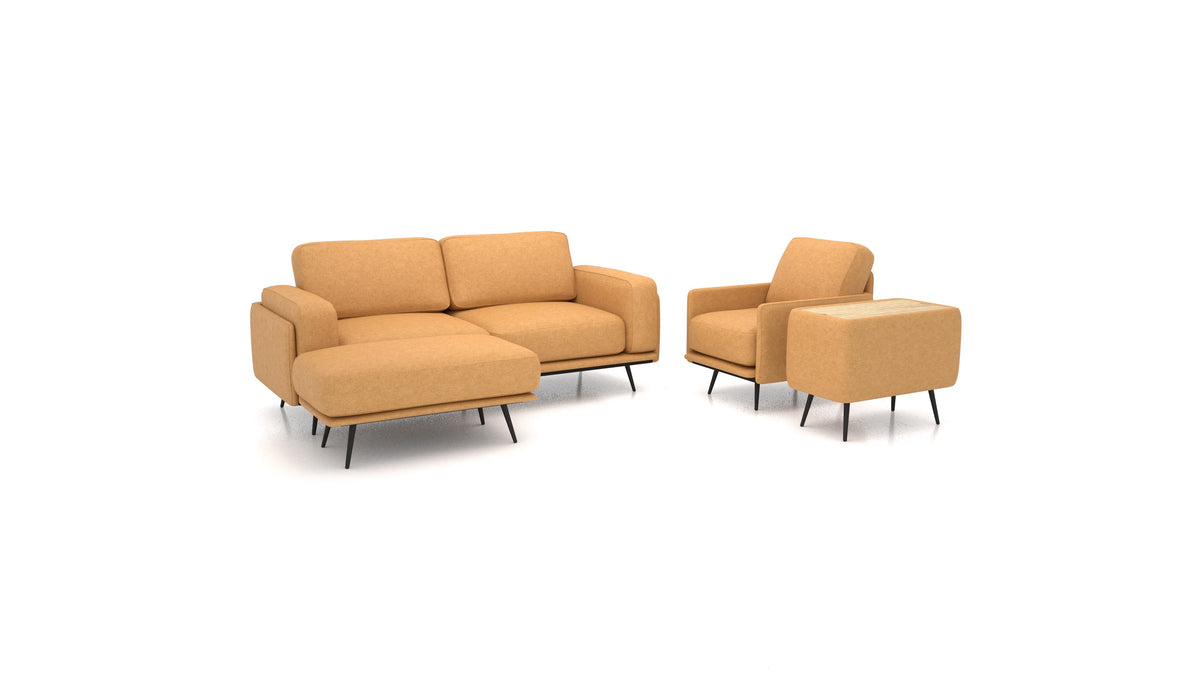 OIKO M+, modulares Sofa von FEYDOM im Stoff Icon IC-45 Antic Gold, helles Holz