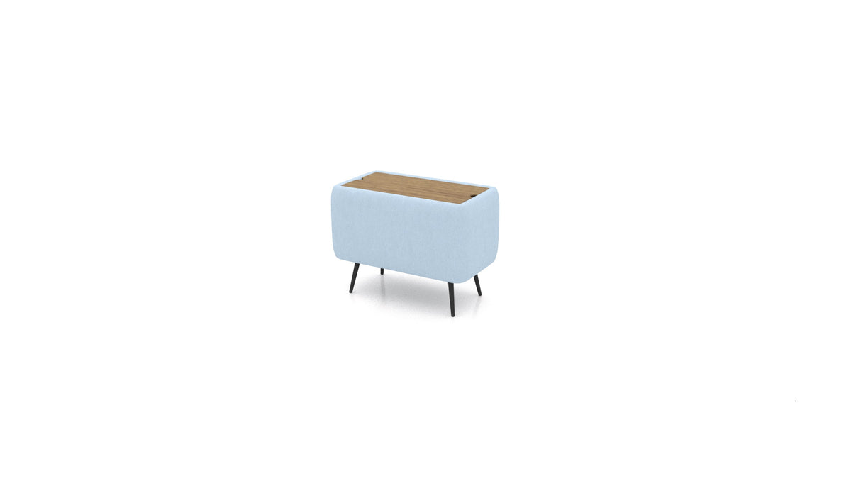 OIKO Tisch mit Stauraum, Sofa-Modul von FEYDOM im Stoff Mollia FF-19 Pastel Blue, dunkles Holz