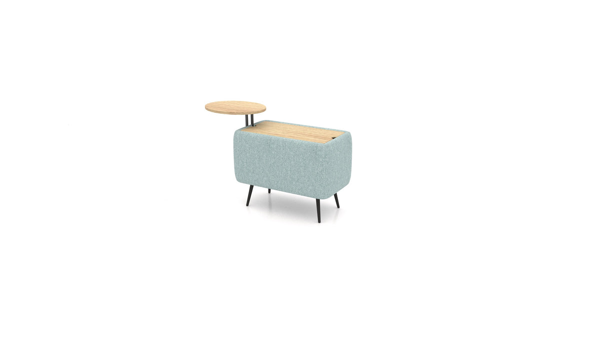 OIKO Tisch mit Stauraum und Holz-Beistelltisch, modulares Sofa von FEYDOM im Stoff Alure DE-75 Pastel Blue, helles Holz