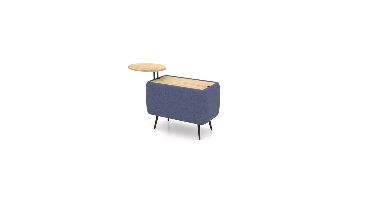 OIKO Tisch mit Stauraum und Holz-Beistelltisch, modulares Sofa von FEYDOM im Stoff Velare ET-80 Noble Blue, helles Holz