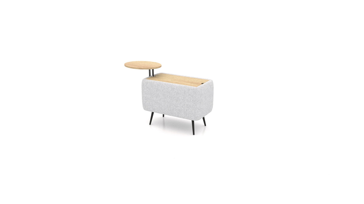 OIKO Tisch mit Stauraum und Holz-Beistelltisch, modulares Sofa von FEYDOM im Stoff Velare ET-90 Light Aquamarine, helles Holz