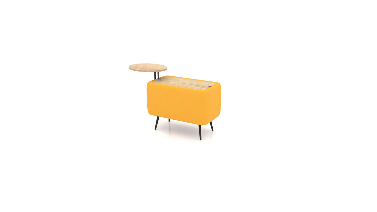 OIKO Tisch mit Stauraum und Holz-Beistelltisch, modulares Sofa von FEYDOM im Stoff Mollia FF-16 Yellow, helles Holz