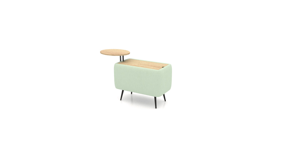 OIKO Tisch mit Stauraum und Holz-Beistelltisch, modulares Sofa von FEYDOM im Stoff Mollia FF-18 Mint, helles Holz