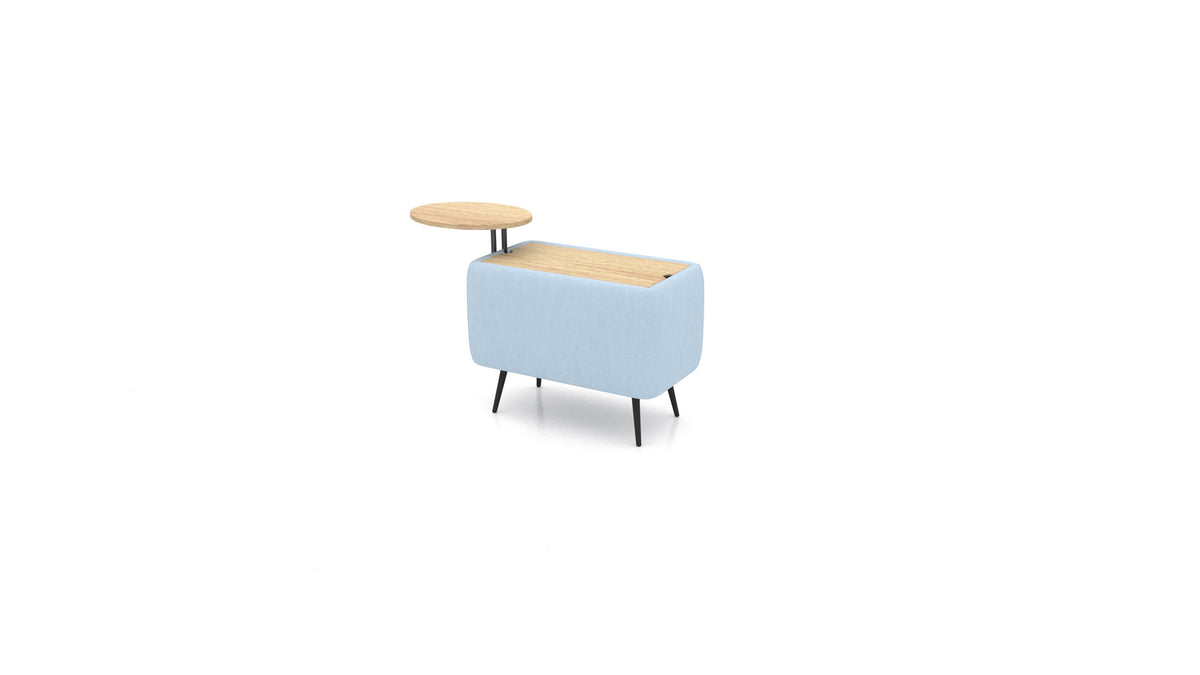 OIKO Tisch mit Stauraum und Holz-Beistelltisch, modulares Sofa von FEYDOM im Stoff Mollia FF-19 Pastel Blue, helles Holz